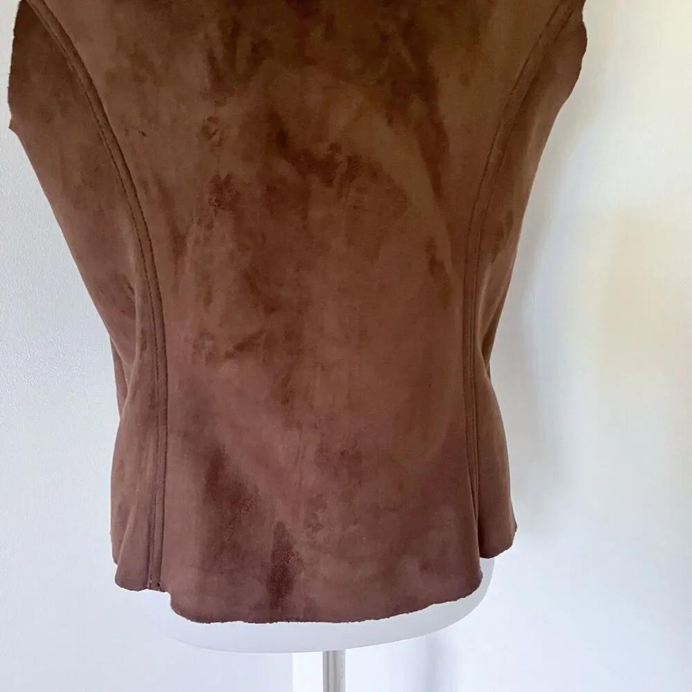 Sherpa Lined Lands End Zip Up Faux Suede Warm Vest Size M/P Medium Petite Brown